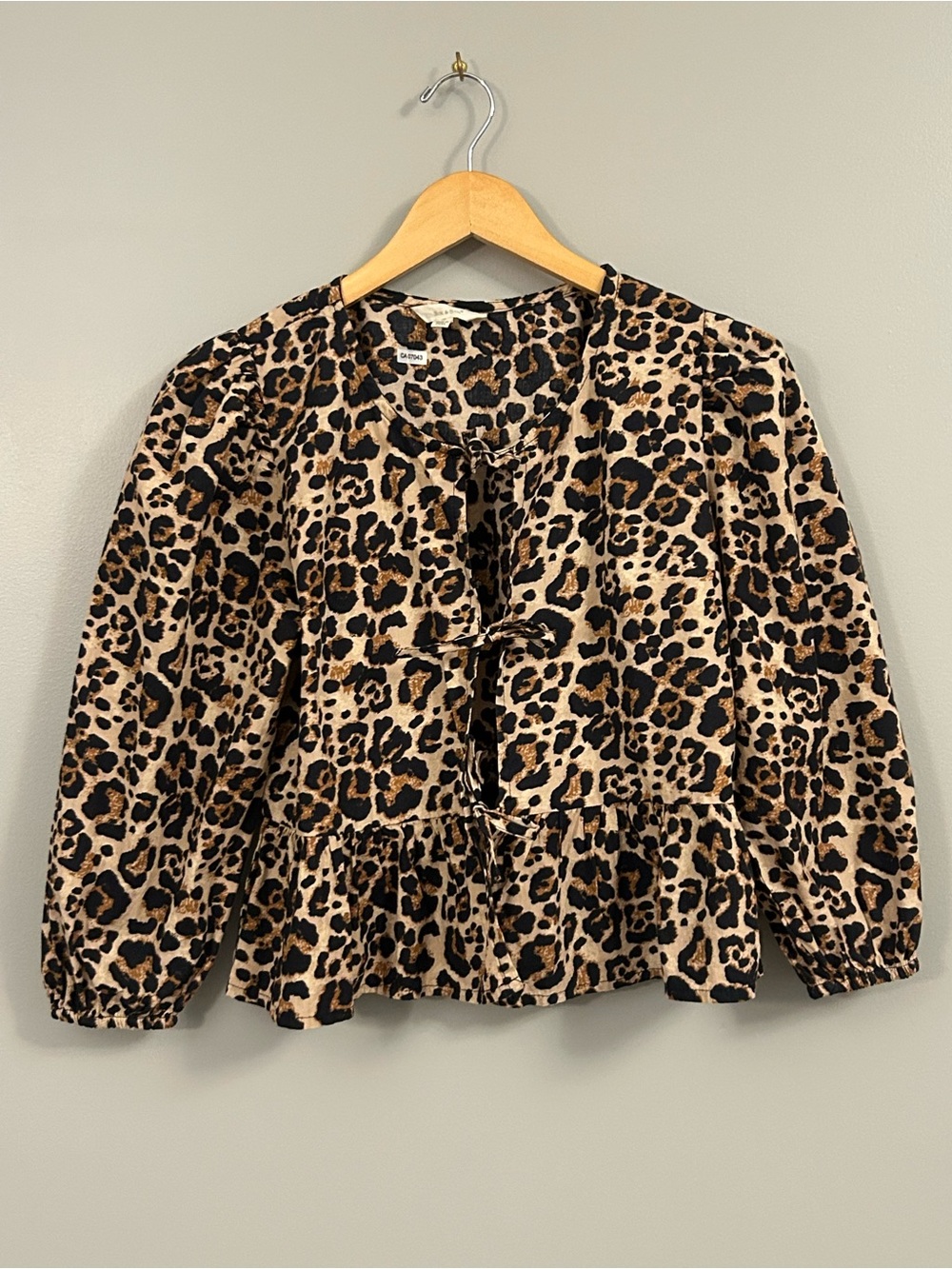 Sim & Sam Leopard Print Peplum Blouse with Front Ties - Brown Small